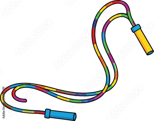 A vibrant jump rope featuring a multicolored cord and blue and yellow handles for active exercise