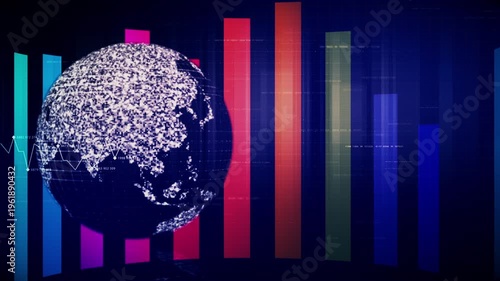 Futuristic global financial data visualization, world map and digital globe with candlestick chart, stock trading analytics, forex market dashboard, fintech infographic, big data interface