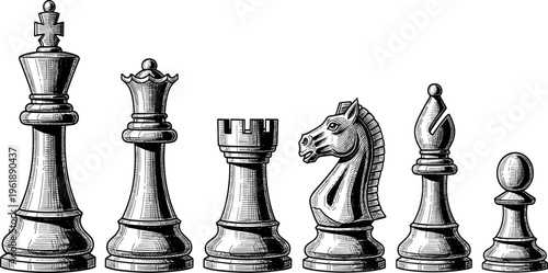 Chess Pieces Set Illustration in Vintage Engraved Style Featuring King Queen Rook Knight Bishop and Pawn for Strategy Game Design and Classic Board Concepts.
