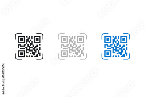 QR Code Icons Set Black, Gray, and Blue Scannable Matrix Barcode Symbols for Digital Information and Connectivity