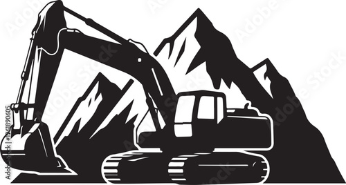 Excavator in front of mountain range silhouette