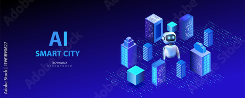 Isometric smart city concept of AI agents with autonomous systems, cloud computing, robot and servers. Buildings infrastructure for estate agency artificial intelligence technology.