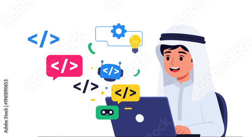 Modern Flat Vector Illustration of a Middle Eastern Programmer Coding on Laptop with AI Bot Icons and Software Development Elements for Tech Branding