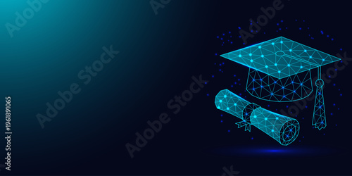 Low poly wireframe graduation hat and diploma on dark blue background.