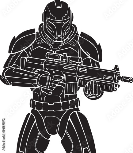 Science fiction soldier vector silhouette illustration line art with futuristic weapon ready action
