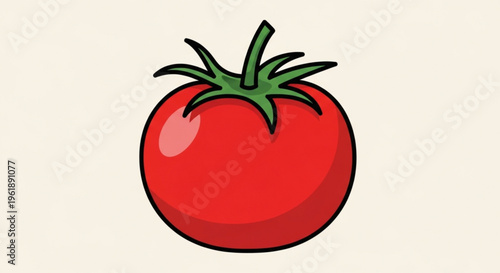 Vibrant red tomato illustration with green leaves on cream background for food and nutrition concepts