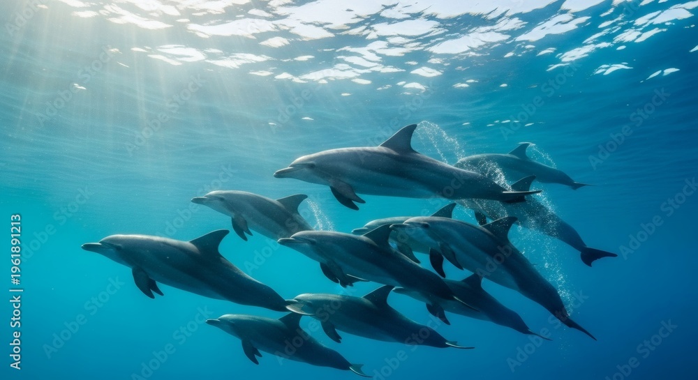 Obraz premium Pod of Dolphins Swimming in Clear Blue Ocean Water