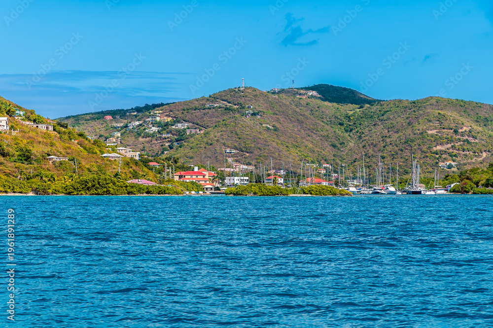 Fototapeta premium A view towards the marina at Fat Hogs Bay near Road Town, Tortola on a bright morning