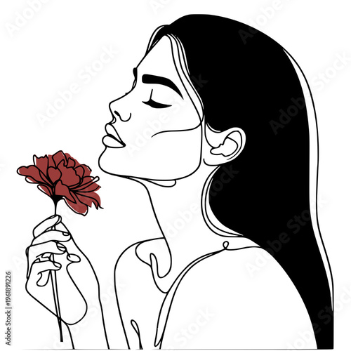 Continuous line drawing of a beautiful woman holding a flower. Minimalist line art portrait of a female profile smelling a red flower isolated on white background.