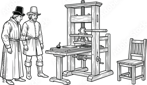 Historical engraving of two Renaissance men operating a traditional wooden printing press machine in a vintage workshop setting.