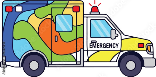 A colorful ambulance vehicle featuring a vibrant abstract pattern and emergency siren light signal