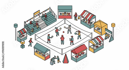 People celebrate at a vibrant outdoor festival with flat vector stalls and food vendors in a lively atmosphere.