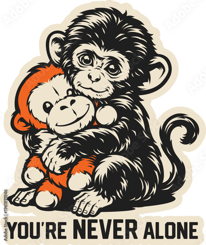 Vector monkey hugging a plush toy