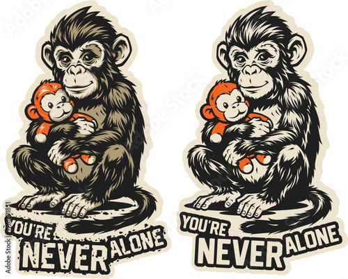 Vector monkey hugging a plush toy
