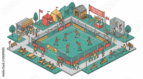 People gather at a vibrant flat vector festival with sports and food