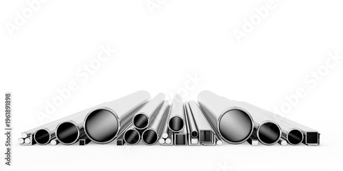 A pile of various metal pipes isolated on white. 3D illustration.