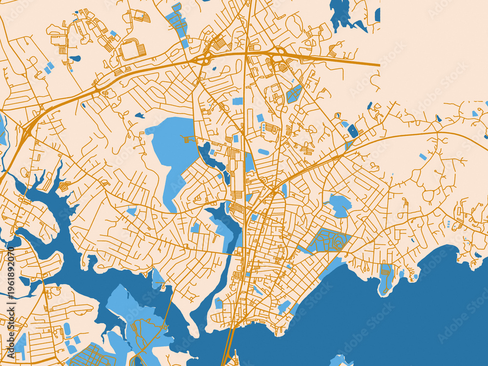 Fototapeta premium Street map of Beverly, Massachusetts in gold and blue map palette