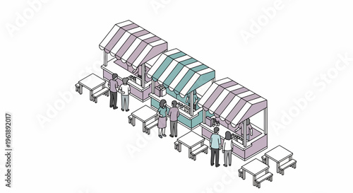 People enjoy food and drinks at a vibrant flat vector festival market