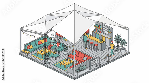 A vibrant flat vector illustration of a lively festival scene inside a large tent, featuring various stalls and activities.