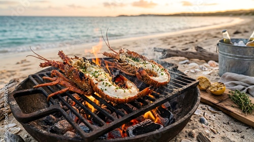 Grilled Lobster Tails on Beach Fire Pit at Golden Hour Sunset
