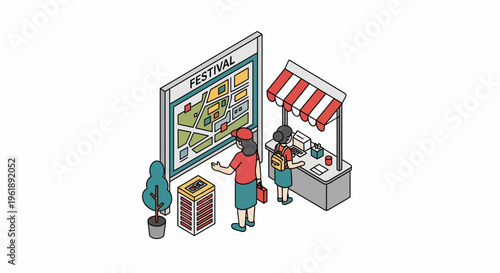 People enjoy food at a vibrant festival with a flat vector map