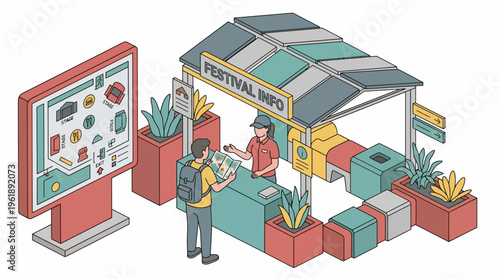 Person buying festival tickets at a flat vector booth with digital screen