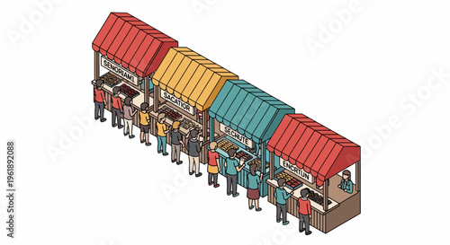 People enjoy food at a vibrant festival with colorful flat vector stalls.
