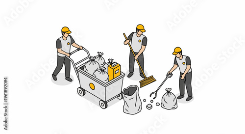 Workers in hard hats clean streets with flat vector tools at festival