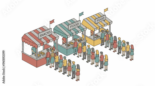 People queue at a vibrant flat vector food festival with stalls