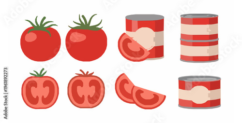 Fresh and canned tomatoes set flat vector illustration on white background