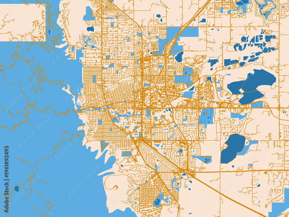Fototapeta premium Street network map of Boulder, Colorado, featuring warm cream background with golden road lines and bright blue water in a clean flat cartographic style