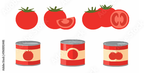 Set of fresh and canned tomatoes flat vector illustration isolated