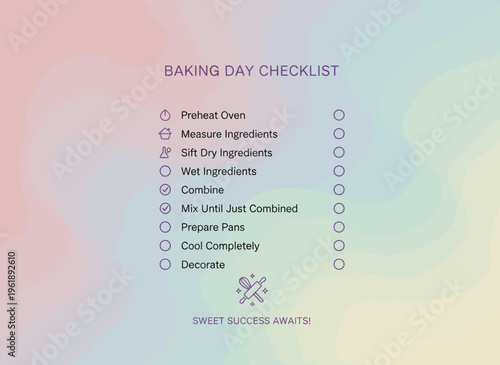 A baking day checklist on a colorful background with text and icons