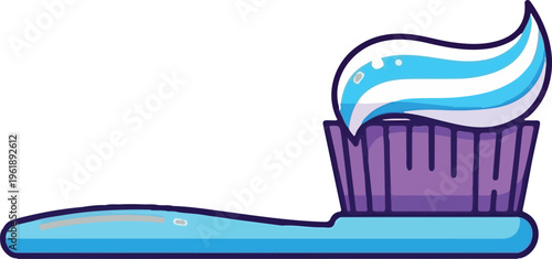 A vibrant blue toothbrush with purple bristles and a dollop of striped toothpaste on white background