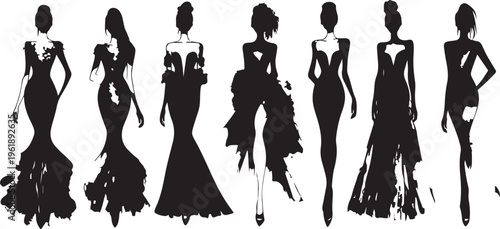 Silhouettes of women in evening gowns.