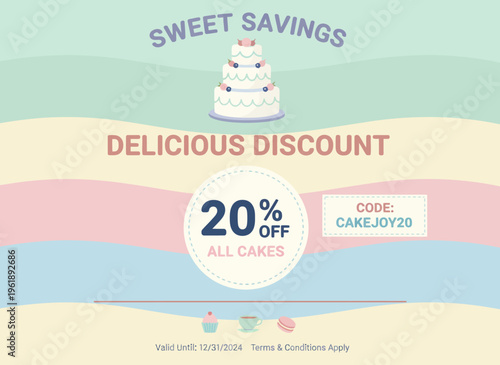 A colorful advertisement displays a multi-tiered cake with sweet savings and a delicious discount offer for all cakes.