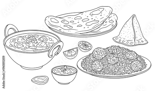 A black and white illustration of various indian dishes and snacks