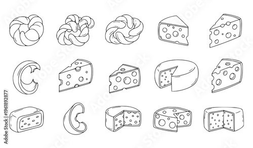 A collection of various cheese types and bagels in a line drawing style