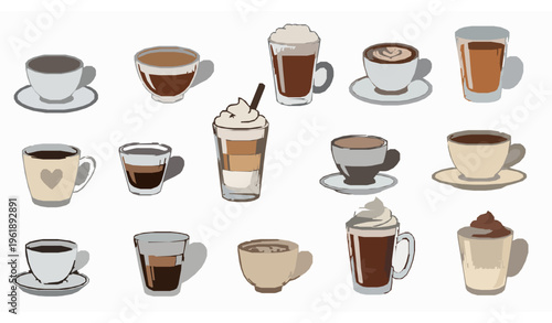 A collection of various coffee drinks in different cups and glasses