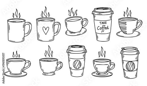 A collection of ten coffee cups and mugs in various styles and designs with steam rising from them