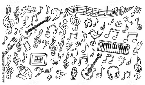 A black and white illustration of various musical elements and instruments in a playful and creative arrangement