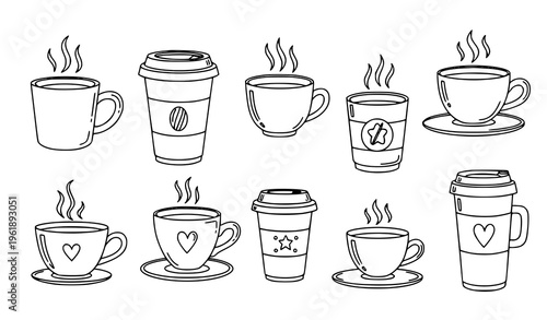 A collection of ten steaming hot coffee cups and travel mugs with various designs