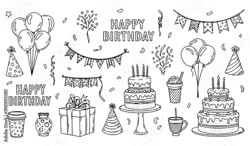 Birthday celebration elements with balloons cakes and decorations