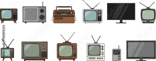 Retro televisions and radios collection with vintage and modern screens, media devices set for technology design, broadcasting illustration and nostalgic vector artwork