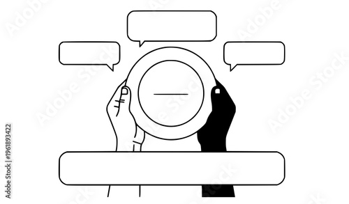 Two hands holding a coin with speech bubbles symbolizing discussion and decision making