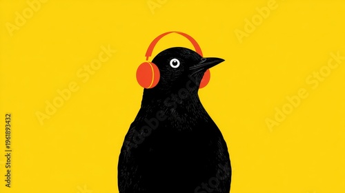 Bird with headphones enjoys music