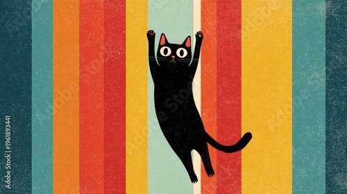 Black cat leaps on stripes