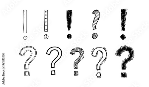 A collection of hand drawn exclamation and question marks in various styles and designs