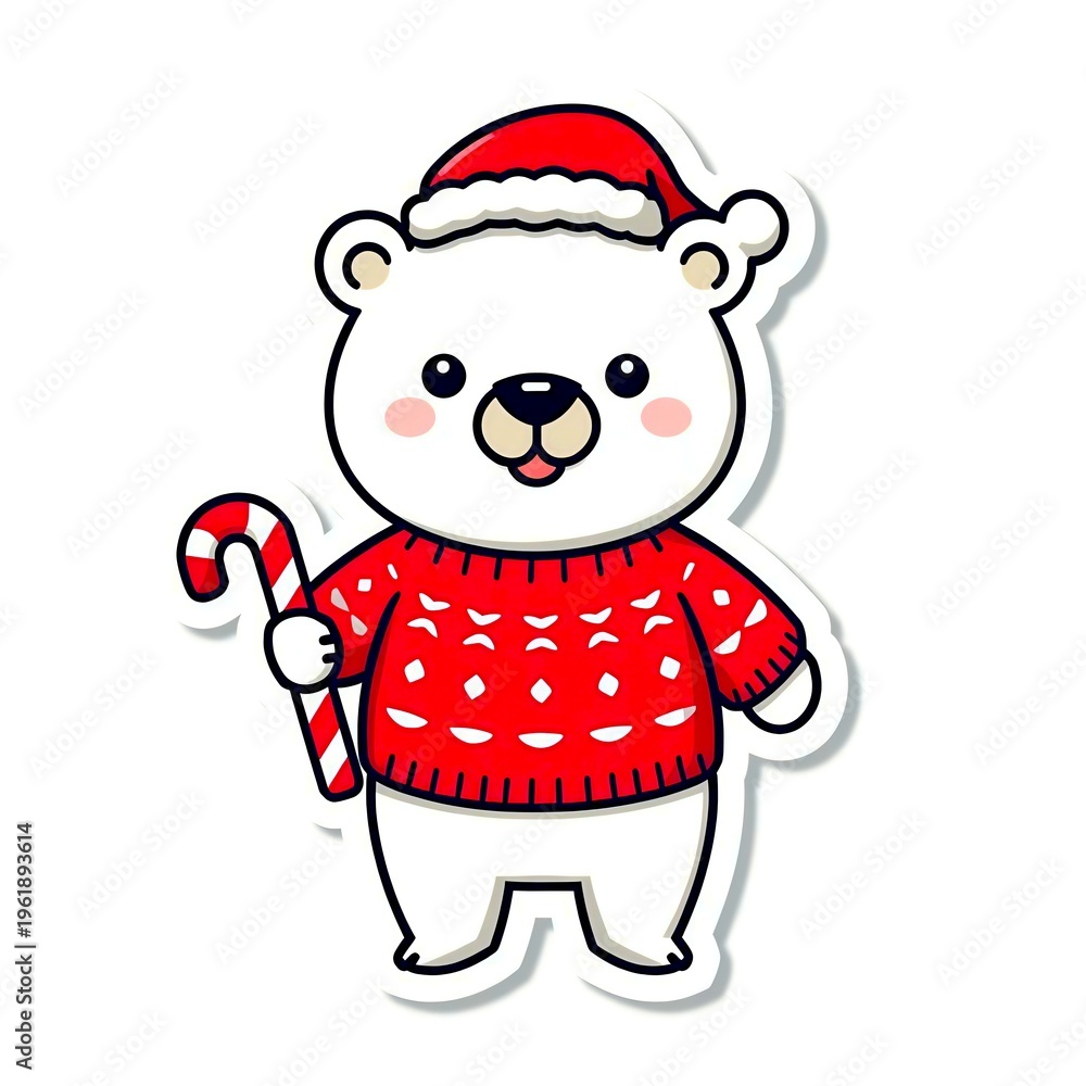 Fototapeta premium Cute polar bear wearing Christmas sweater, holding candy cane, smiling, 