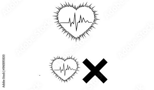 Heartbeat heart symbols with ecg line and rejection mark